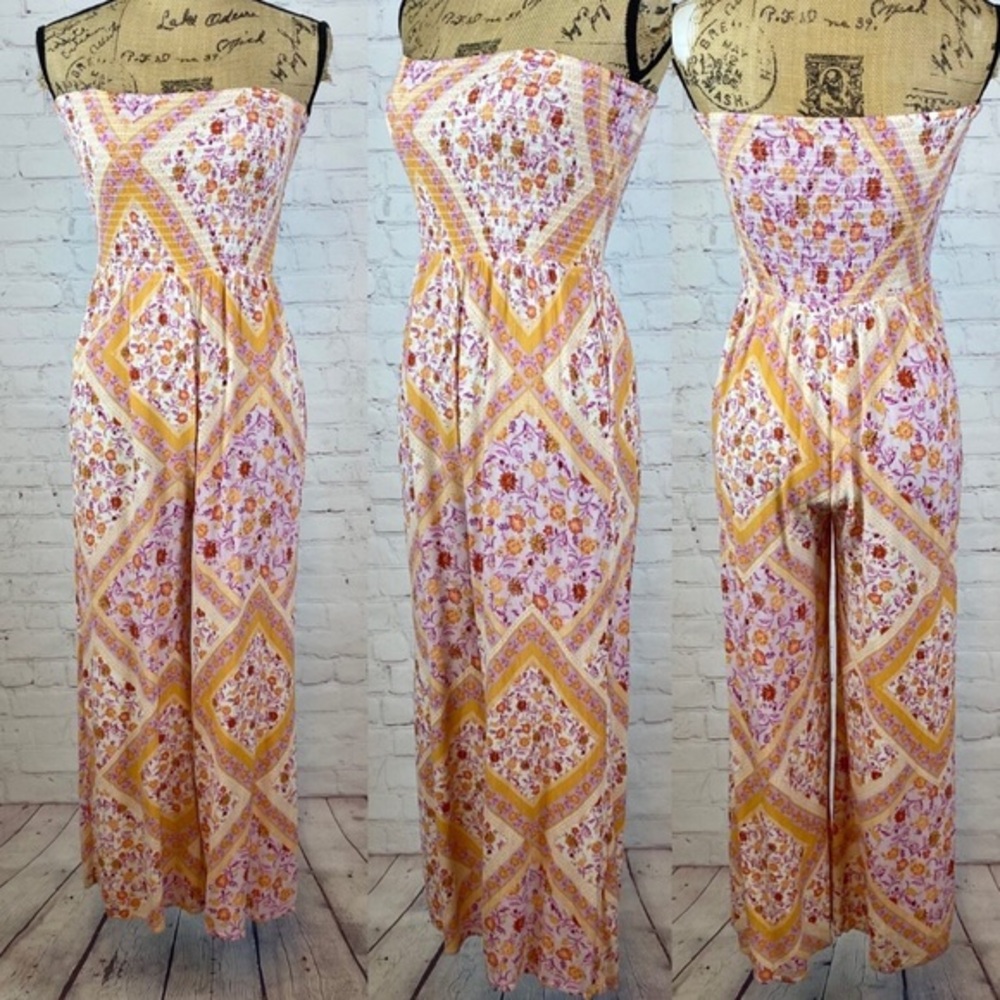 So Crinkly Patchwork Print Strapless Wide Leg Jumpsuit